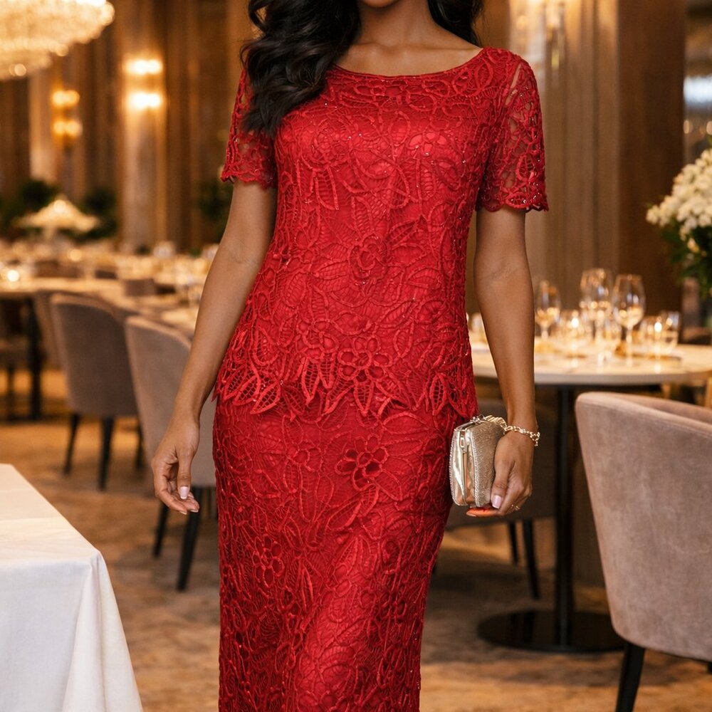 VTG Silken Poetry Red L Top S Skirt Floral Hand Crochet Beads 100%silk